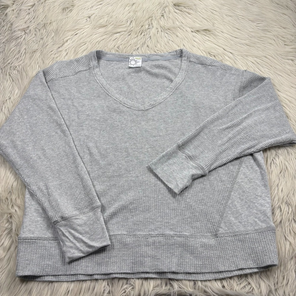 Aerie‎ Women's M Gray V-Neck Waffle Knit Top Lounge Cozycore Thumbholes